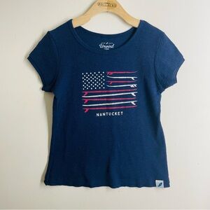 Nantucket Unwind by League Surfboard Flag Tee Waffle Knit Navy Blue USA size S